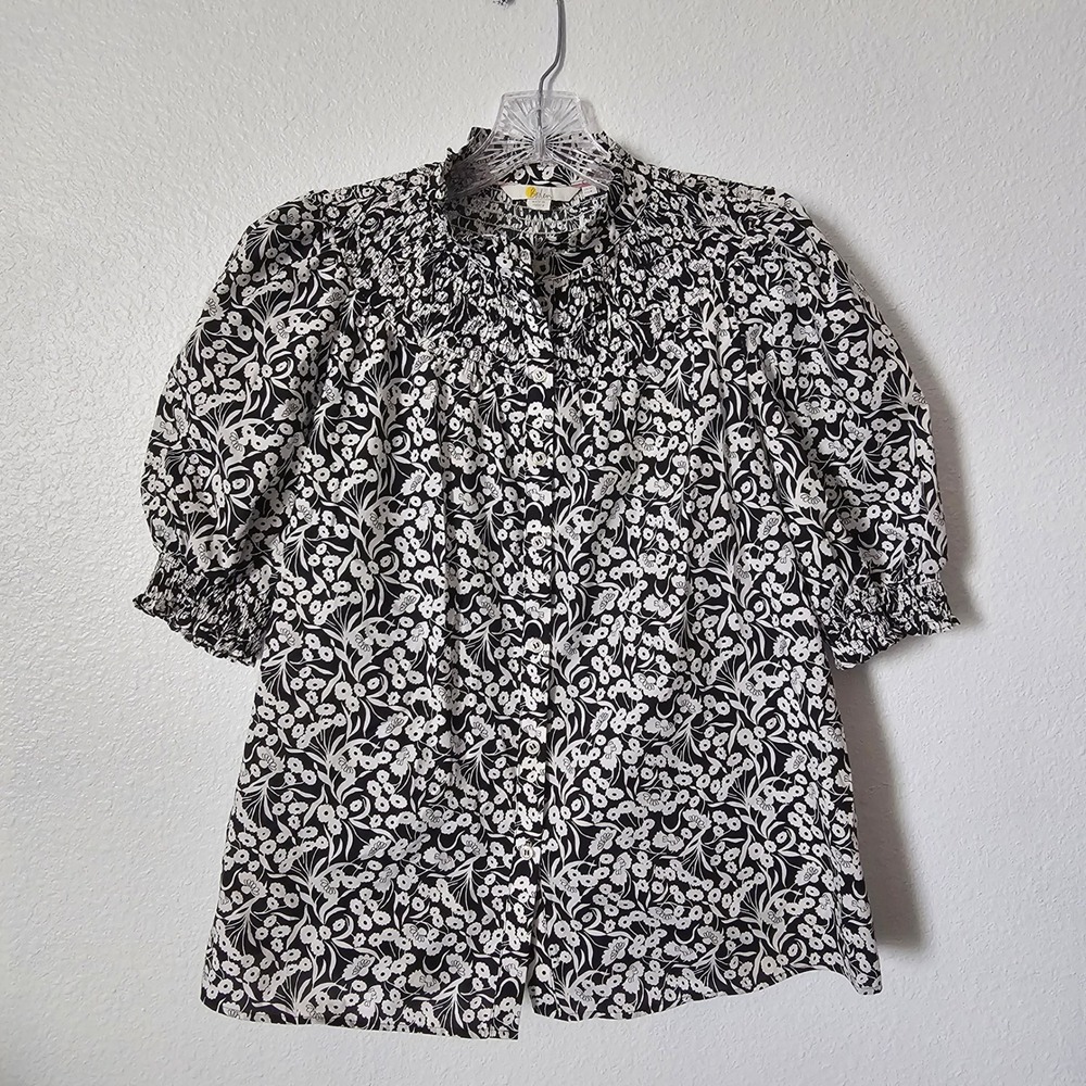 Boden T1111 Black White Floral Smocked Button Front Puff Sleeve Cotton Blouse 8
